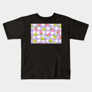 Cottagecore Froggies and Strawberries on Purple Gingham Kids T-Shirt